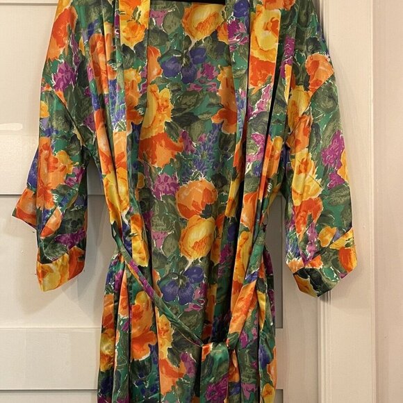 VICTORIA'S SECRET 90 Gold Label Vintage Floral Satin Peignoir Robe Sz M - Picture 4 of 5